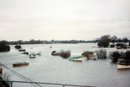 River in Flood at Jones Boatyard marina historical