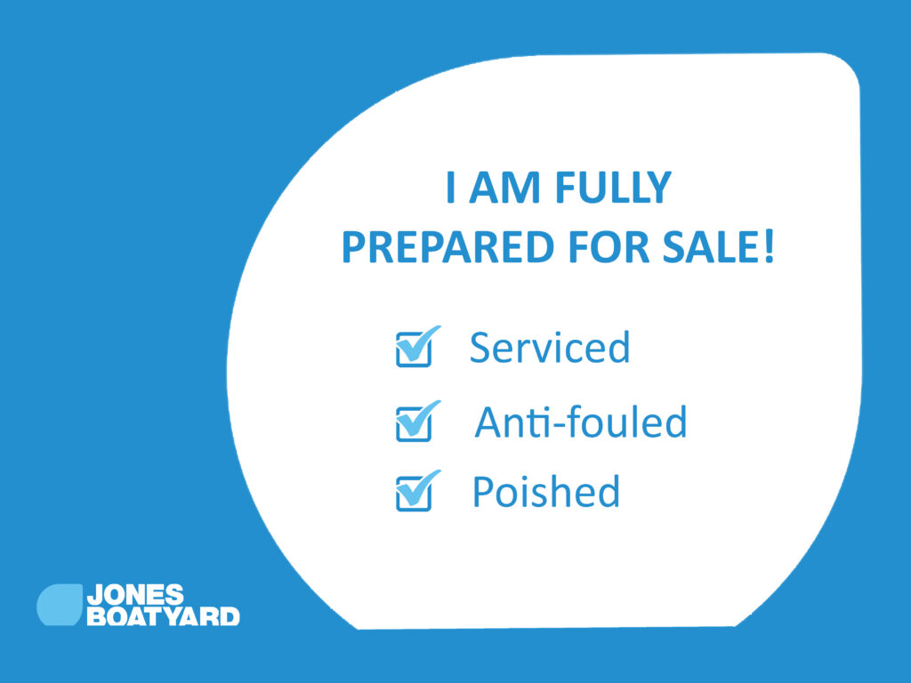 A promotional image featuring a blue background with the text "I AM FULLY PREPARED FOR SALE!" in large font. Below are three checkboxes marked next to the words: Serviced, Anti-fouled, and Polished. The logo for "JONES BOATYARD" is displayed at the bottom.
