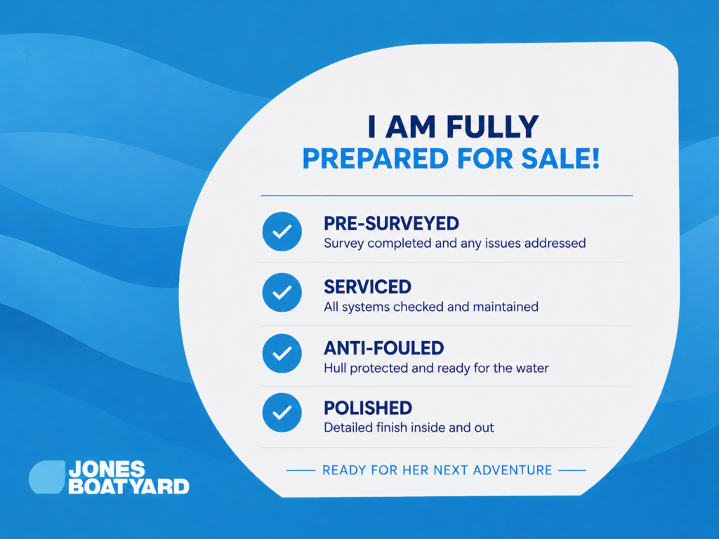 A graphic for Jones Boatyard announcing that a boat is fully prepared for sale. It lists four services: "Pre-Surveyed," "Serviced," "Anti-Fouled," and "Polished," each with a checkmark. The background features blue waves.