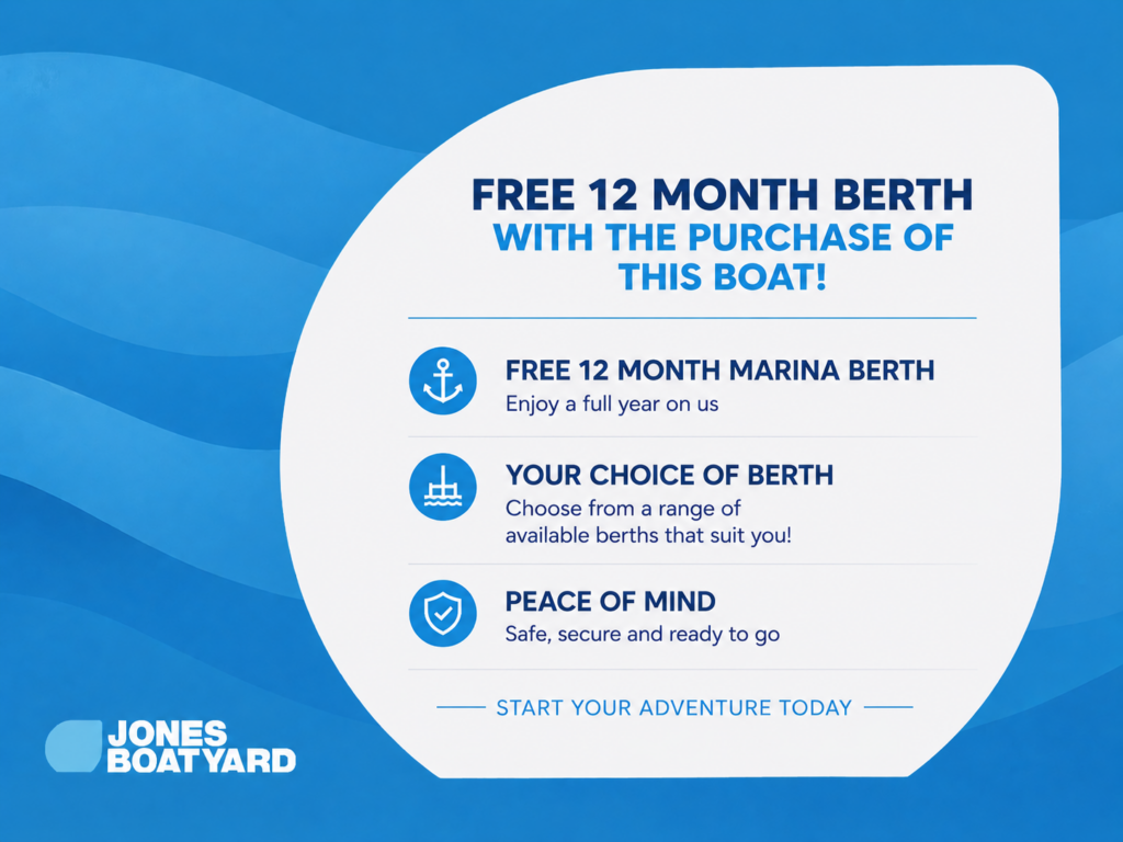A promotional graphic for Jones Boatyard features a blue background with wavy designs. Text highlights a free 12-month marina berth with the purchase of a boat, detailing choices of berths and peace of mind, urging viewers to start their adventure.
