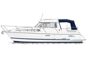 A white motorboat with a blue canopy, featuring large windows and a sleek design. The boat has an open deck area and visible railings on the sides. It is depicted against a plain white background.