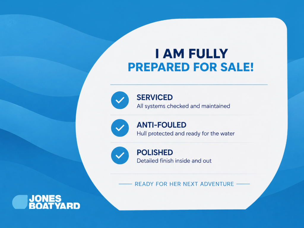 A promotional graphic for Jones Boatyard announcing that a boat is fully prepared for sale. The image features a blue background with waves and lists three key points: "Serviced," "Anti-Fouled," and "Polished," with check marks beside each. The message emphasizes readiness for the next adventure.