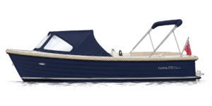 A navy blue motorboat named Corsiva 570 C Classic with a white top canopy and a beige rope trim along the edges. The boat features a spacious deck and a small flag at the rear, reflecting a sleek and modern design.