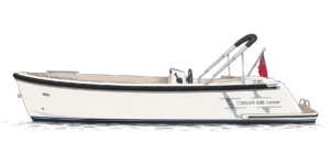 A sleek white motorboat, identified as Corsiva 595 Tender, with a smooth hull and a helm positioned at the rear. It features a black covered steering area and a flag at the stern, resting on a plain background.