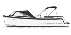 A sleek white motorboat named "Corsair 650 Lander" with a sharp bow and a black canopy. The boat features a simple design with a small cabin and bench seating at the stern.