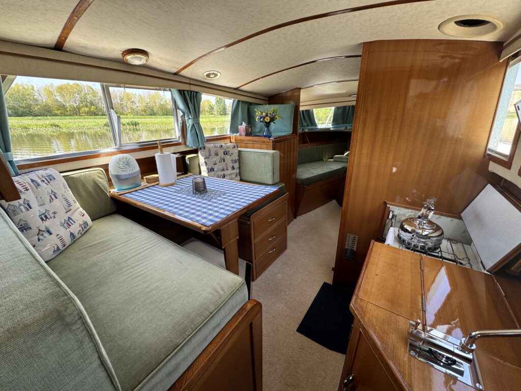 Interior of a boat featuring a dining table with a blue checkered tablecloth, multiple seating areas with green cushions, and a kitchen area with a small stove. Large windows allow natural light to enter, revealing greenery outside.
