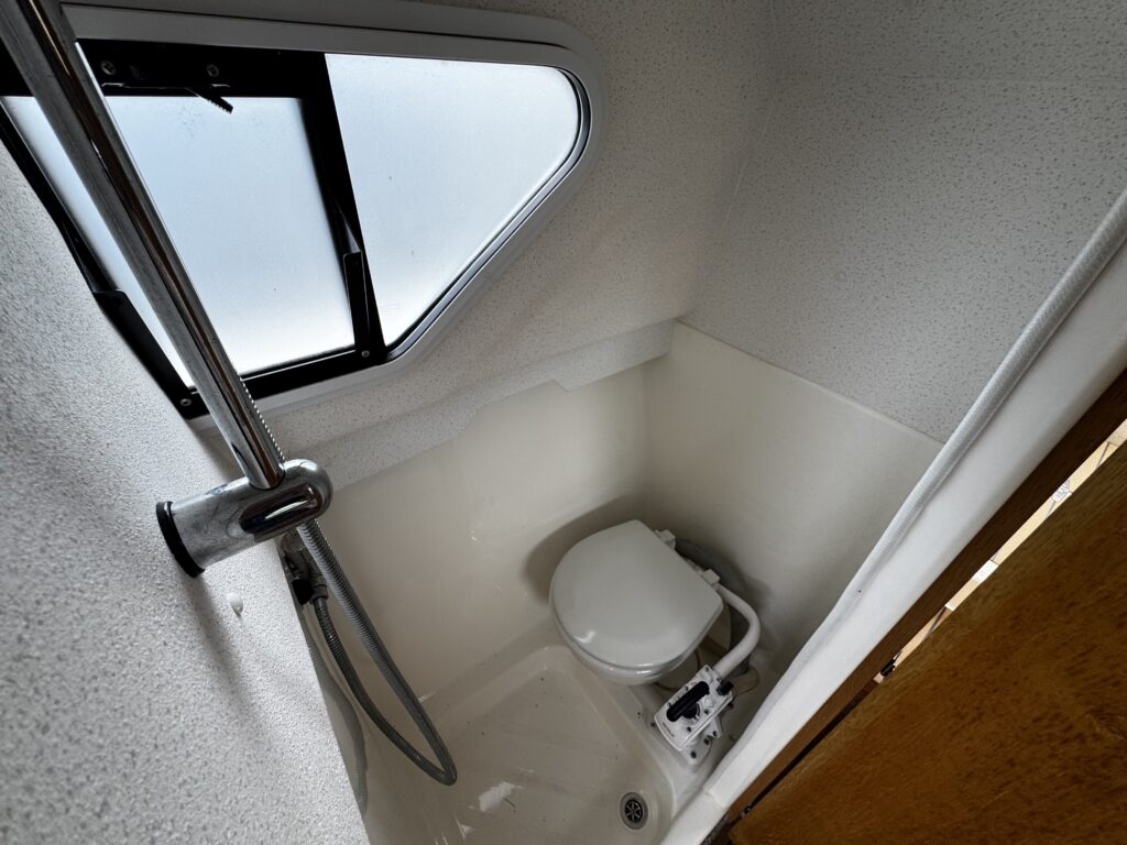 A compact bathroom featuring a shower with a handheld fixture and a white toilet. The shower area has light-colored walls, and a window allows natural light to enter, while a wooden door is partially visible.