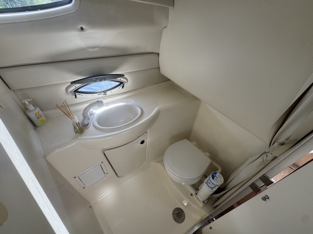 A compact bathroom featuring a small sink with a circular basin, a toilet, and decorative reed diffusers on a shelf. An oval window allows natural light inside, illuminating the beige walls and surfaces.