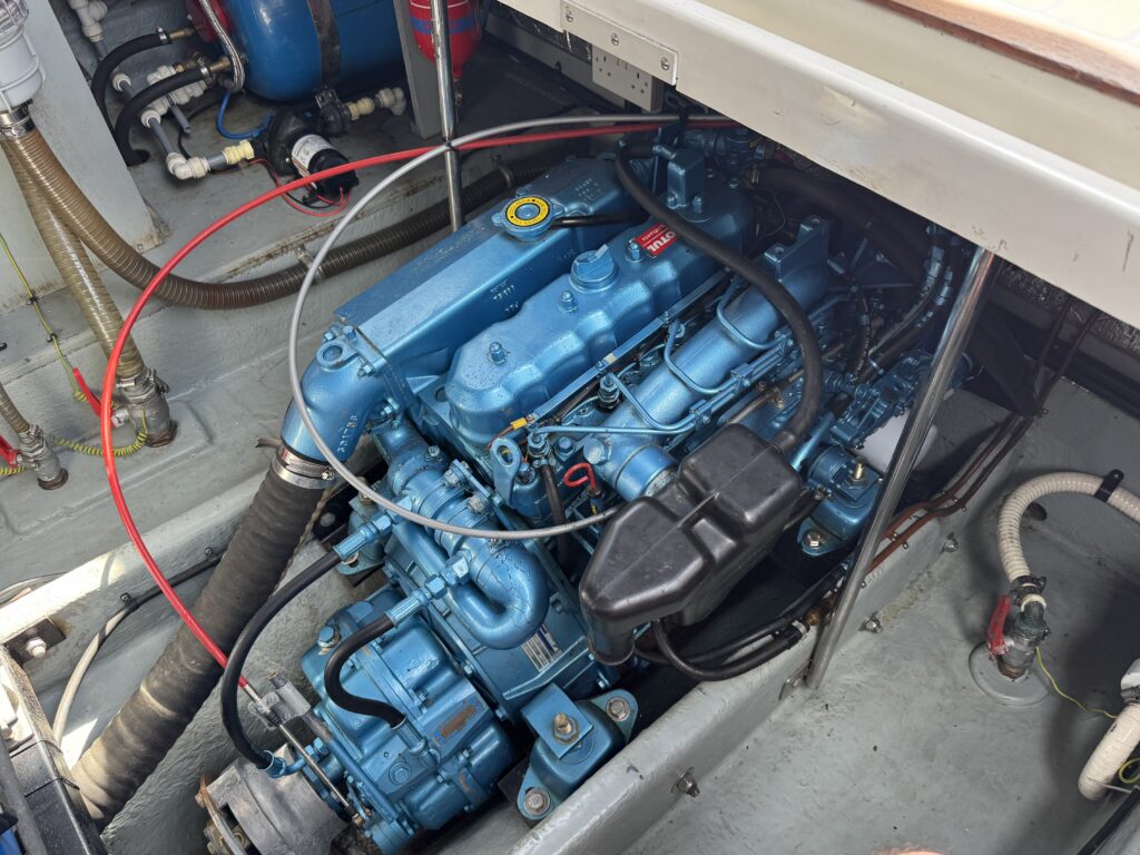 A blue marine engine is installed in a boat's engine compartment. The engine is surrounded by various hoses and cables, with a visible black cover on the side. The compartment features a clean, organized layout with gray surfaces and metal supports.