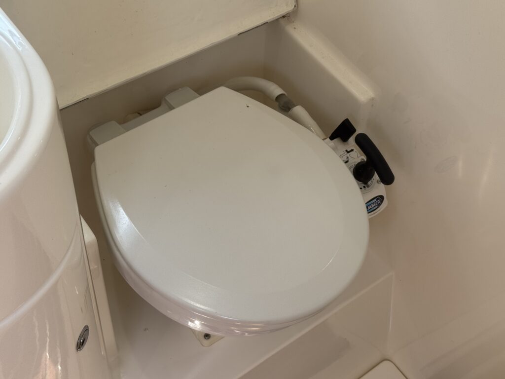 A white toilet seat positioned in a small bathroom area. Next to the seat is a flush mechanism with a black handle, and the surrounding walls and surfaces are light-colored.