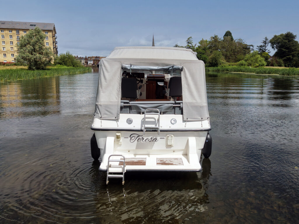 A white boat named 'Teresa' with a gray canopy is anchored in calm water. The rear of the boat features a ladder and a clean, organized deck, set against a backdrop of green trees and a building near the water.
