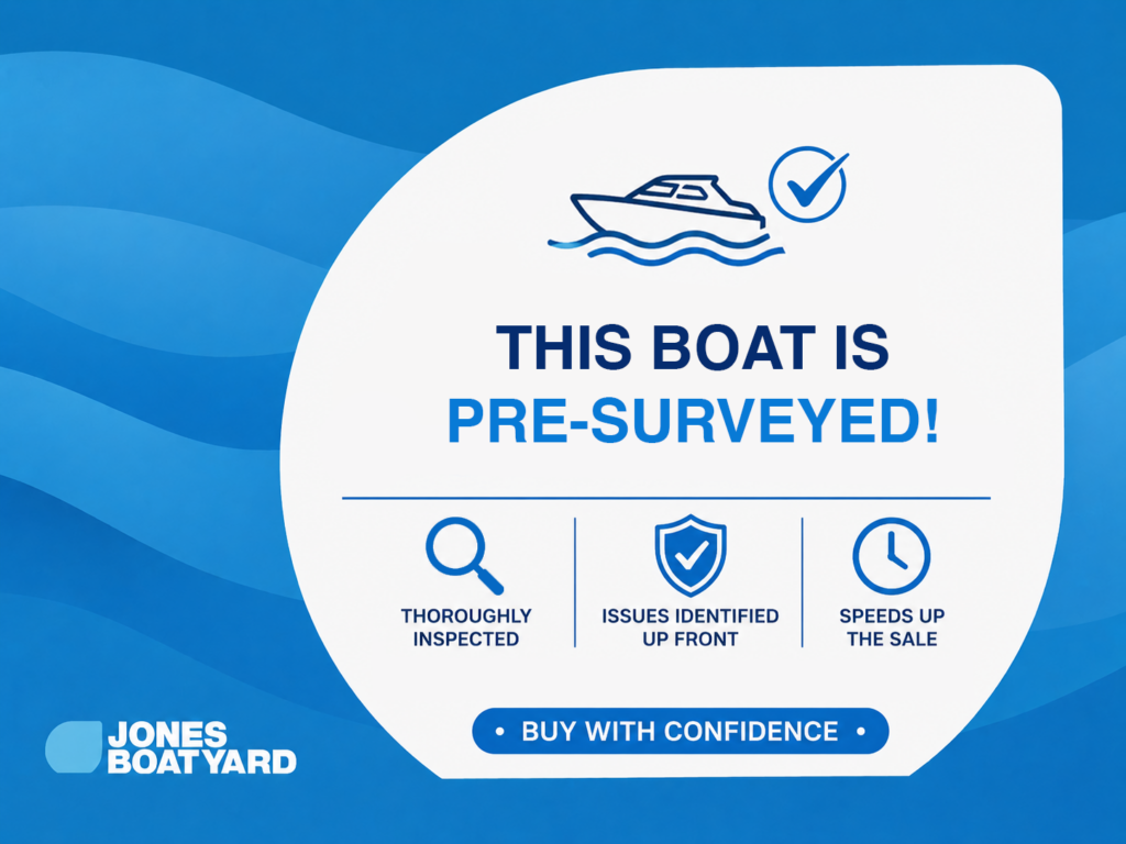 A promotional graphic for Jones Boatyard featuring a blue background with stylized waves. It states "THIS BOAT IS PRE-SURVEYED!" and includes icons with the text "THOROUGHLY INSPECTED," "ISSUES IDENTIFIED UP FRONT," and "SPEEDS UP THE SALE," along with a checkmark and a boat illustration.