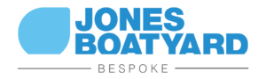 Jones Boatyard Bespoke logo with blue boat-shaped icon and bold blue text on a black background.