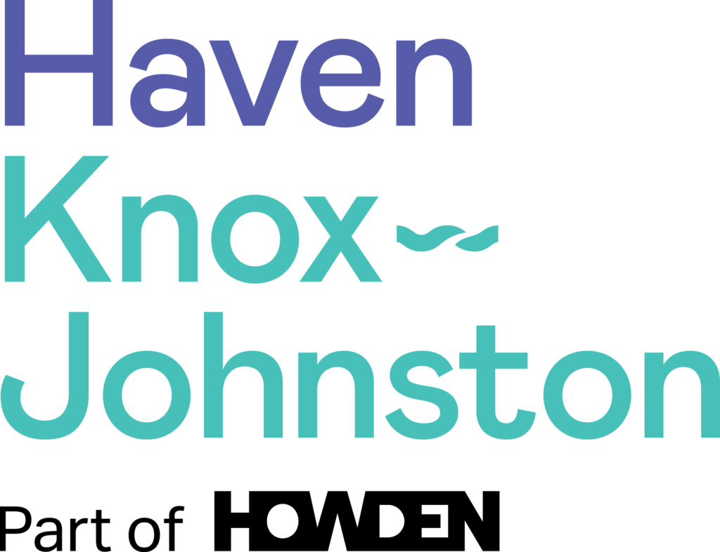 The Haven Knox Johnston logo in purple and teal text on a black background.